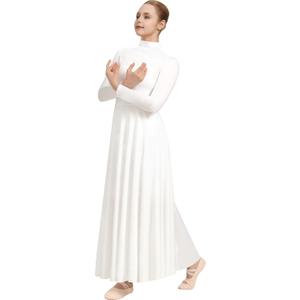 Women Praise Dance Dress High Neck Long Sleeve Dancewear Worship Liturgical Church Robe,Soft Lining (Medium, White-solid)