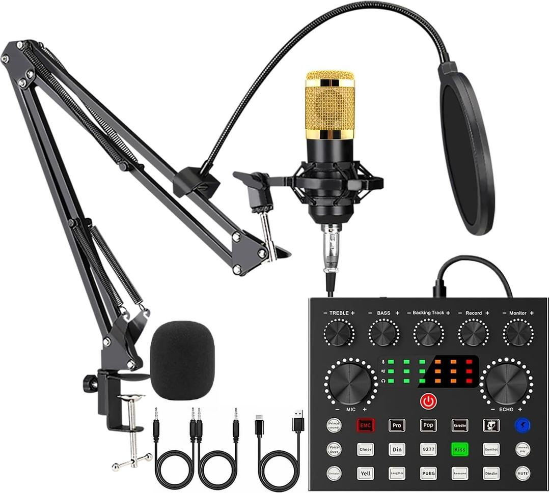 SIBORIE Podcast Equipment Bundle with Audio Interface,V8S Voice Changer, Condenser Karaoke Microphone, Mic Stand and Mic Pop Filter,Podcast Starter Kit DJ Audio Mixer for Podcast and Live