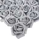 IPOPU Silver Roses Artificial Flowers,25PCS Foam Glitter Roses Glitter Flowers Fake Rose with Stems for DIY Wedding Bridal Bouquet Home Party Christmas Decoration(Silver)