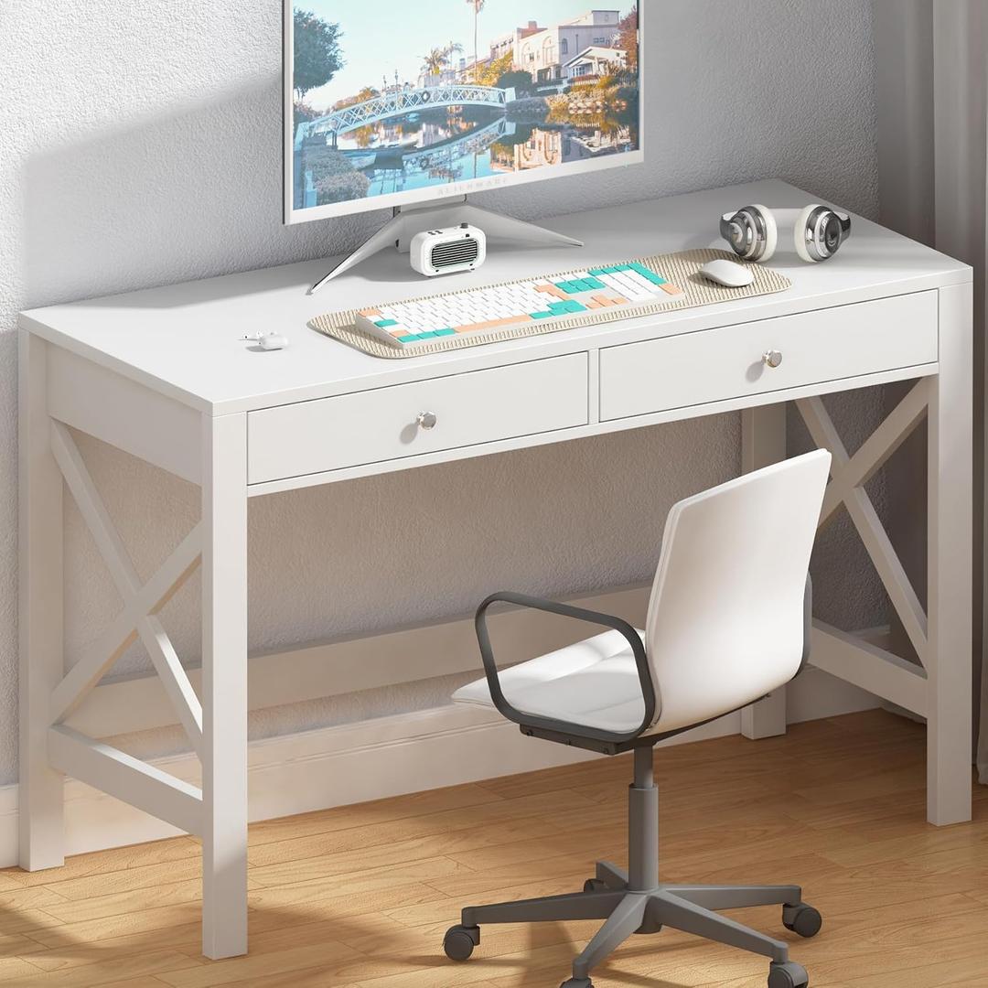 ChooChoo Computer Desk Study for Home Office, Modern Simple 40 Inches Desk with Drawers, Makeup Vanity Console Table, White, 40inch without Power Outlet