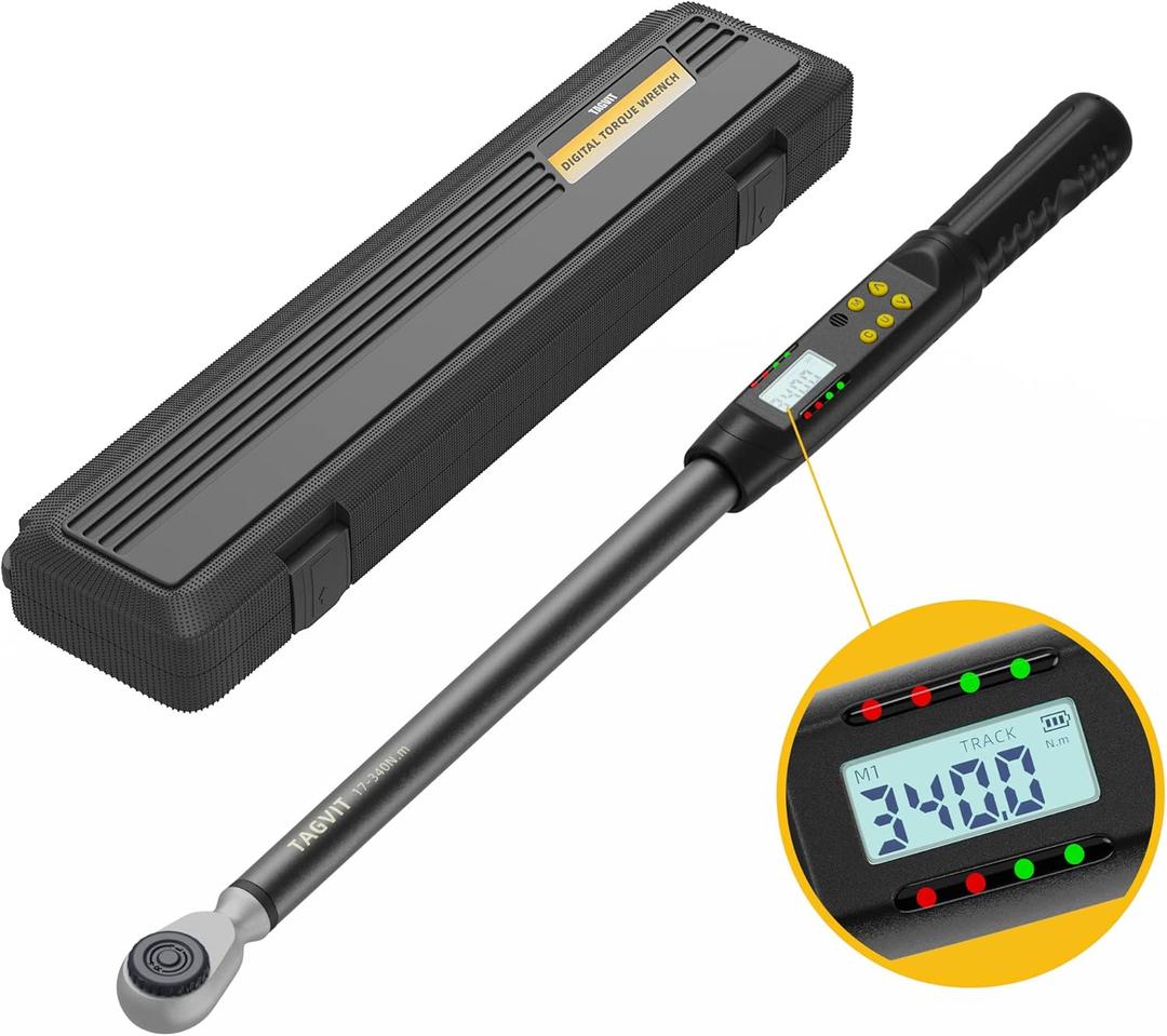 1/2 Inch Drive Digital Torque Wrench, 12.5-250.8 Ft.lb/17-340 Nm Electronic Torque Wrench, 2% Accuracy with Preset Value, Data Storage, Buzzer and LED Flash Notification for Motorcycle, Car