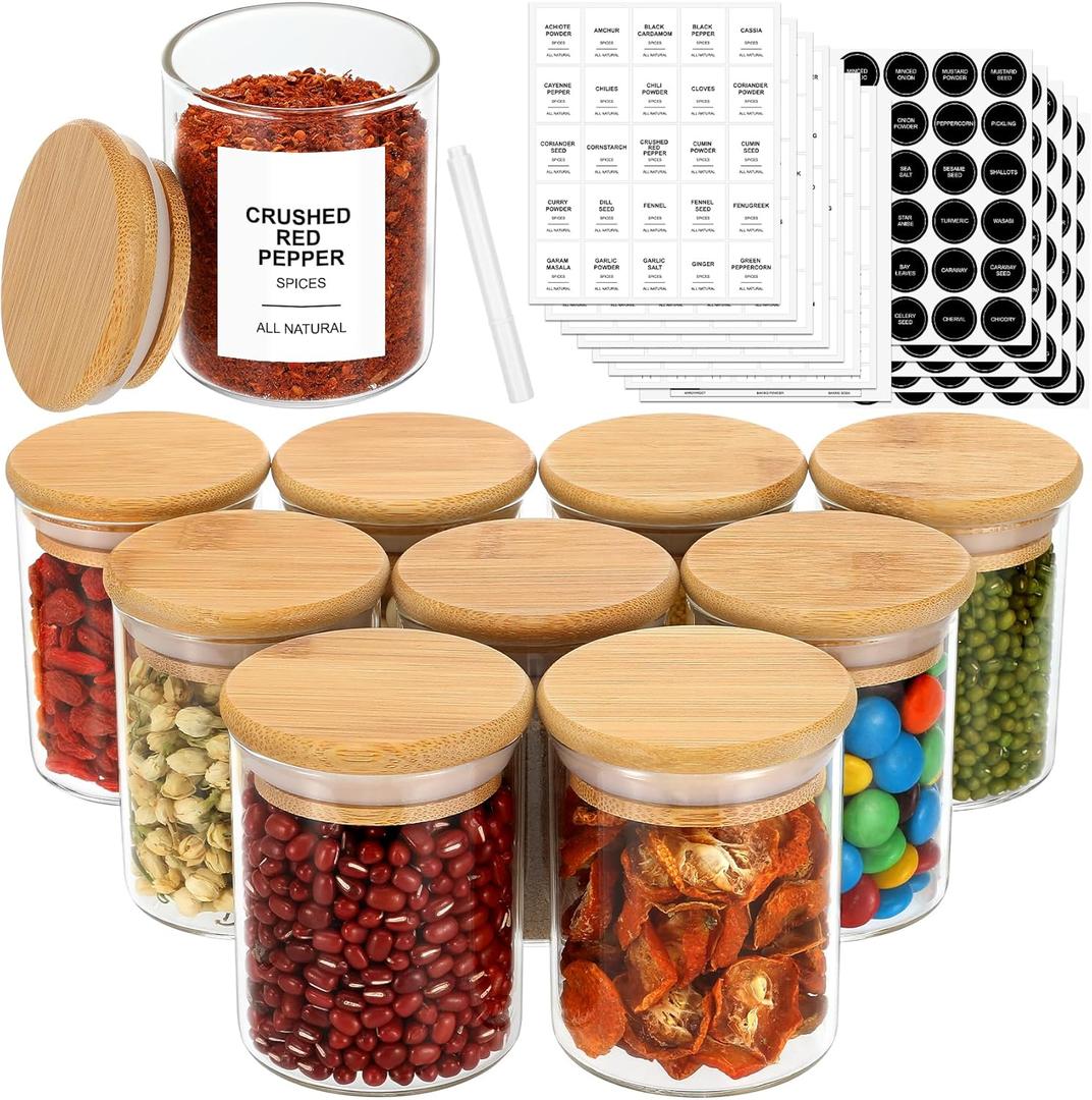 4OZ Glass Spice Jars with Bamboo Lids and 315 Labels, 10 Pcs Clear Food Storage Containers for Kitchen Sugar Salt Coffee Tea Beans