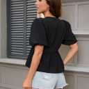 Womens Babydoll Peplum Tops Summer Puff Short Sleeve Bow Tie Blouse Y2k Cute Trendy 2025 Shirts (Black, S)