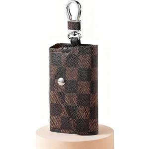 Checkerboard Wallet With Key Ring Car Keys Chain Card Holder Wallet Pouch 6 Hook Snap Closure Money Organizer Case