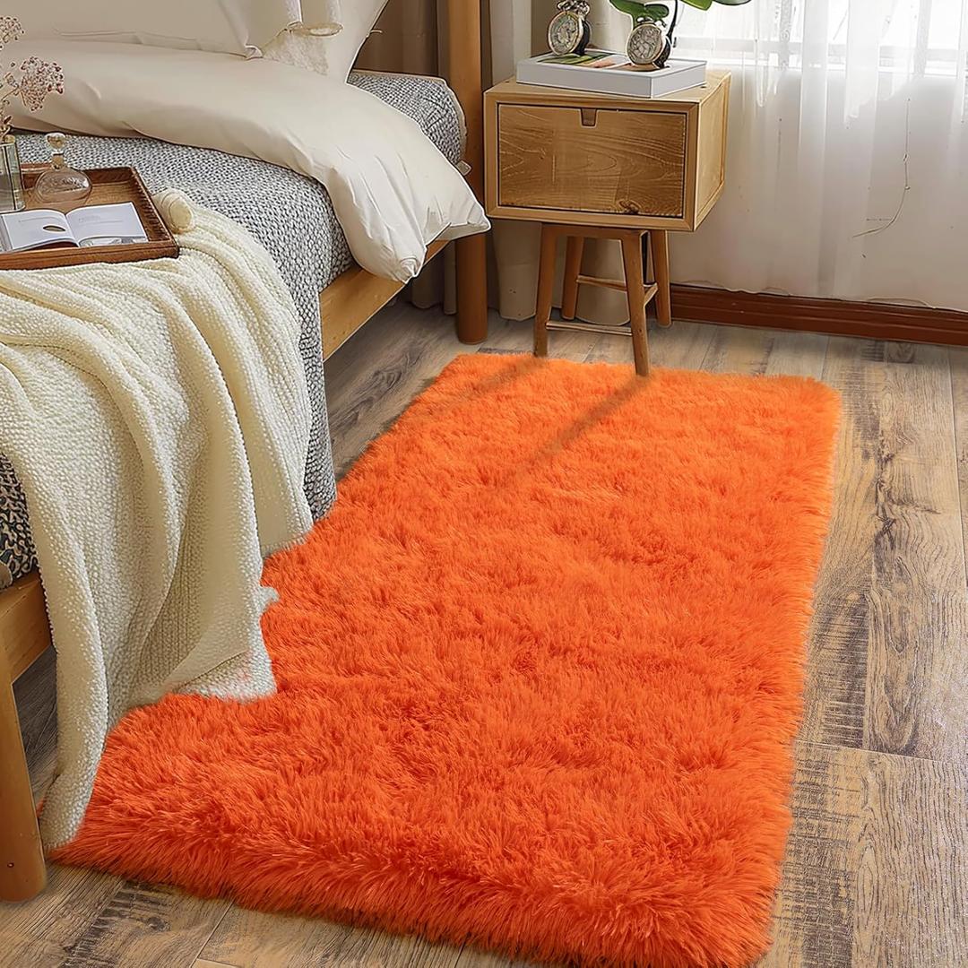 Soft Runner Rugs for Bedroom Hallways, 2x4 Orange Fluffy Shag Throw Area Rug Non Slip for Bedside Dorm, Long Shaggy Furry Carpet for Nursery Living Room