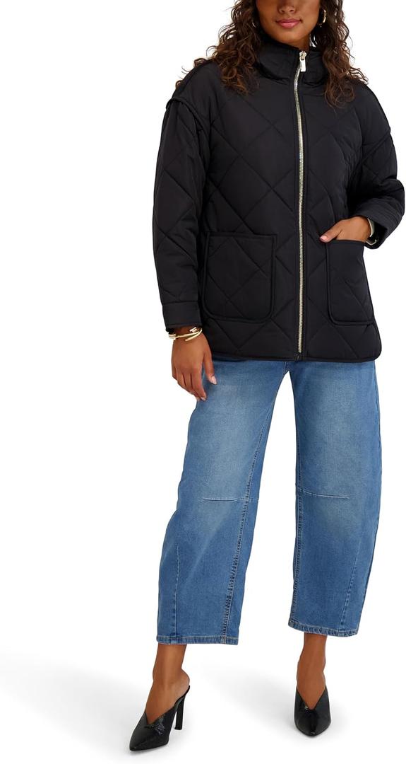 Kensie Women's Diamond Quilted Puffer Jacket With Hood (Large, Black)
