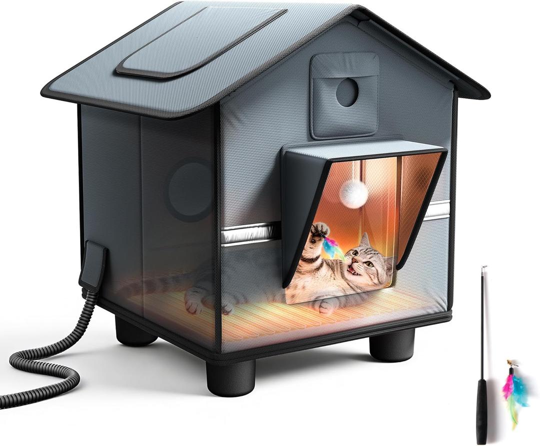 Heated Cat House for Outside for Winter - Elevated Weatherproof Feral Cat Shelter with Aluminum Insulation & 30W Heating Pad, Waterproof Outdoor Pet House for Single Small Cat Up to 12lbs, Barn Porch