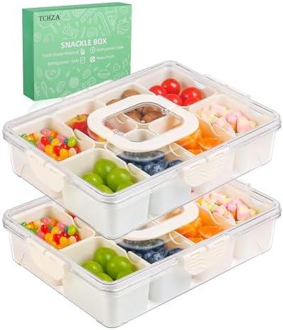 2 Pack Snackle Box Container - Dishwasher Safety Divided, Serving Tray with Lid and Handle - Charcuterie Board for Portable Snack Platters - Clear Organizer for Fruits Snacks,Perfect for Road Travel
