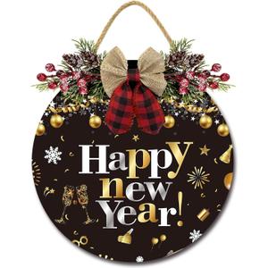 Front Door Sign Rustic Round Door Decor Happy New Year Round Hanging Sign with Bow for Xmas Decor Door Decoration