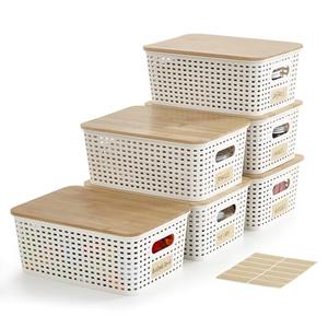 Bagnizer Small Plastic Storage Bins with Bamboo Lids 5.2qt Stackable Box Basket Pantry Decorative Containers Cute with Labels for Organizing Desktop Closet Office Cream White of 6 packs 10*7.2*4.1"