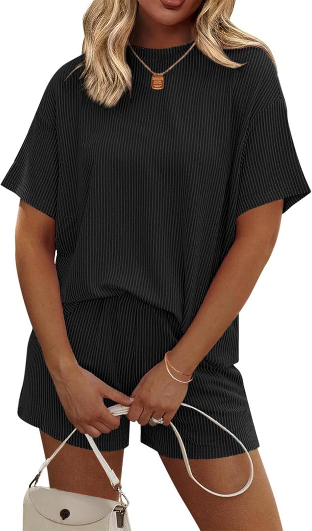 Ekouaer Womens Pajama Sets Short Sleeve Lounge Sets 2 Piece Pjs Tops and Shorts Outfits Matching Loungewear with Pockets, M