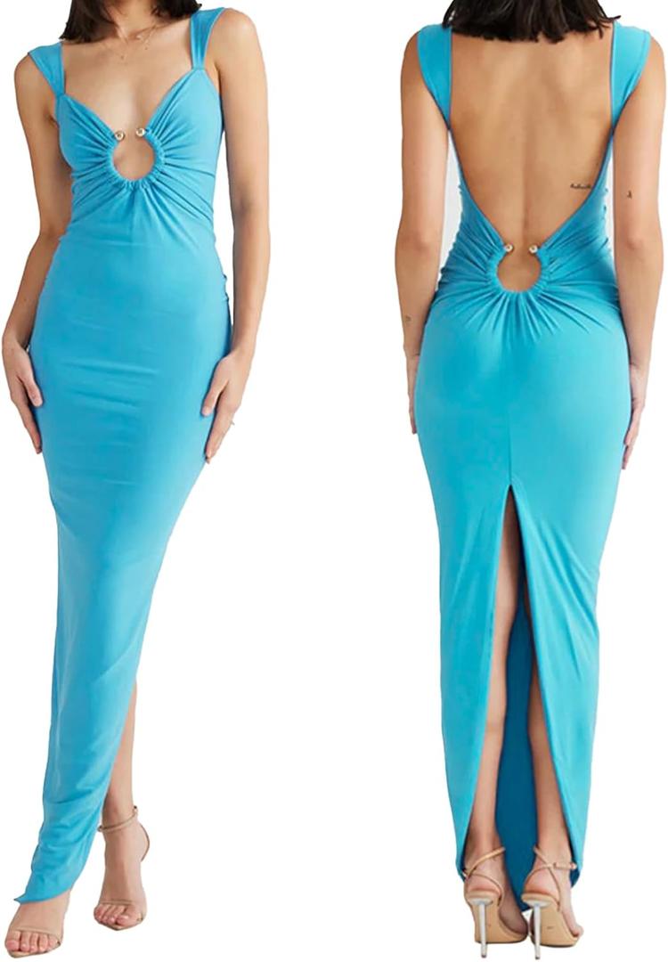 Women Sexy Backless Dress V Neck Sleeveless Open Back Split Maxi Dress Party Cocktail (Medium, Blue)