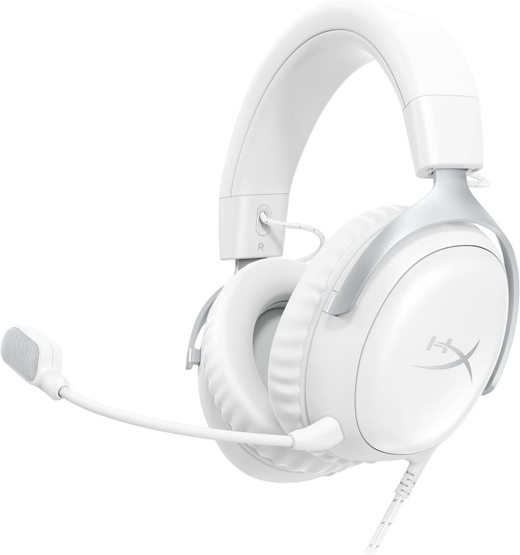 HyperX Cloud III Wired Gaming Headset, PC, PS5, Xbox Series X|S, Angled 53mm Drivers, DTS, Memory Foam, Durable Frame, Ultra-Clear 10mm Mic, USB-C, USB-A, 3.5mm White