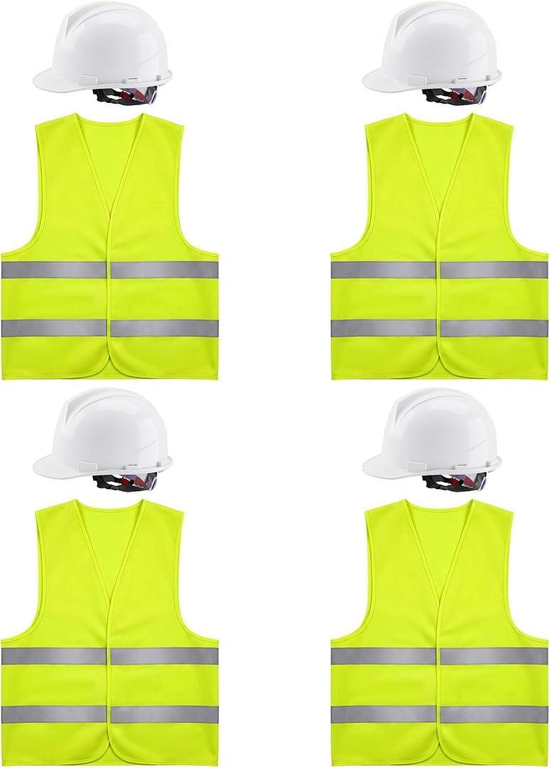 ramede 4 Set 4 Pt. Suspension Hard Hat with Safety Vests Bulk, 4 Pcs Adjustable Ratchet Hard Hats, 4 Pcs Reflective Safety Vests for Men Women Work Head Protection Supplies, One Size