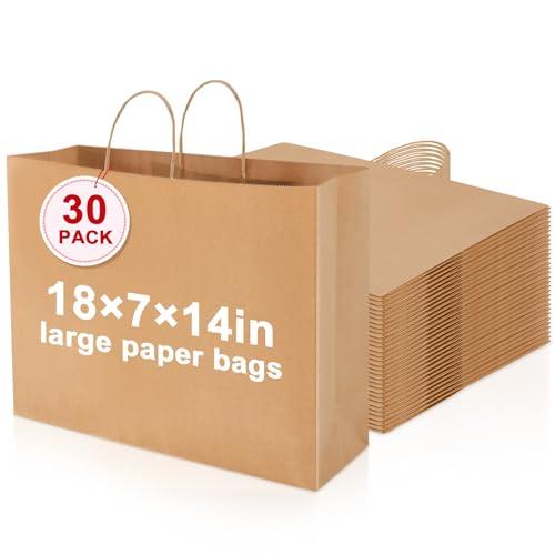 Maitys 30 Pcs 18x14x7 Inch Extra Large Paper Gift Bags with Handles Bulk Kraft Bags for Business, Merchandise, Gifts, Shopping, Retail Stores, Birthday Party Brown Color for Multiple Uses