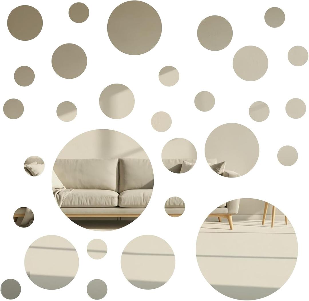 30Pcs Round Mirror Tiles Self Adhesive, 4 Sizes Acrylic Mirror Wall Decals Mirrors Tile Decorative Mosaic Mirrors Sheets for Bathroom, Bedroom, Wall Decor, DIY Projects