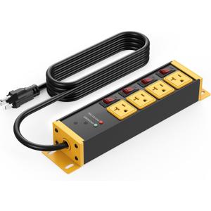 CCCEI Heavy Duty Surge Protector Power Strip 20 Amp Individual Switches. 25FT 12 Gauge Extension Cord with Multiple Outlets. Kitchen, Garage, Shop, Industrial Wall Mount Electric Extender, Yellow.