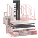 Marbrasse Desk Organizers, 4Tier Mesh Desk File Organizer with 5 Vertical File Holders and 2 Pen Holders, Multifunction Desktop Organizer,Desk Organizers and Accessories for Home Office (Pink)