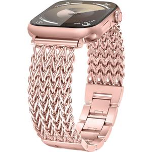 Minyee Compatible with Apple Watch Band 41/40/38/44/45/46/49/42mm Women, Dressy Stainless Steel Metal Chain Strap Designer Starlight Link Bracelet Wristband for iWatch Series 10 9 8 7 6 5 4 Ultra SE (42mm(Series 3)/44/45/49/46mm(Series 10), Rose Pink)