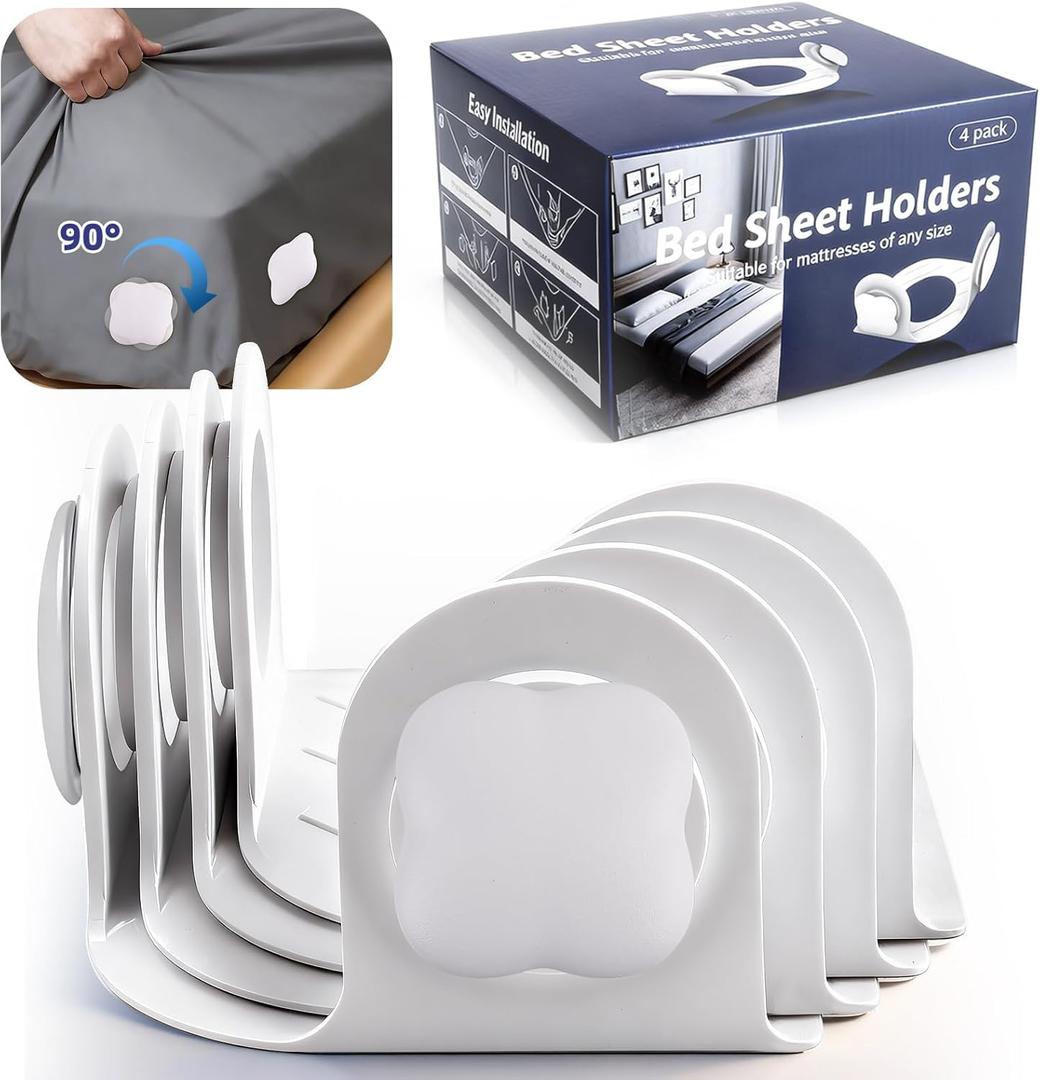Bed Sheet Holders Lock for Corners, 4 Pack Twist-Lock Bed Sheet Grippers Fit All Sheet Size, Heavy-Duty Grip Sheet Clips Keep Sheets Tight, Fitted Mattress Sheet Holder Easy Installation