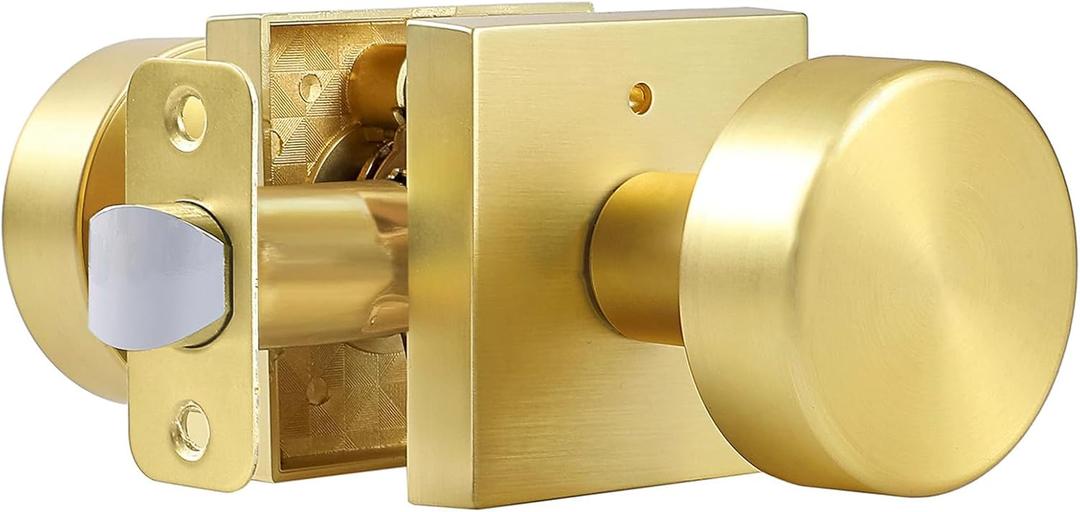 Coolnews Gold Door Knobs Interior, Privacy Door Knob with Lock, Heavy Duty Square Modern Door Handle for Bedroom Bathroom, Satin Brass