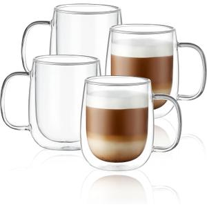 CNGLASS Glass Coffee Mugs 12oz,Double Wall Insulated Mug Set with Handle,Clear Glass Espresso Mugs for Latte,Cappuccino,Tea Bag,Hot and Cold Beverages,Set of 4