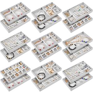 Junkin 18 Pcs Velvet Jewelry Tray Stackable Jewelry Drawer Organizer Jewellery Box Divided Display Tray for Earring Bangle(Gray)