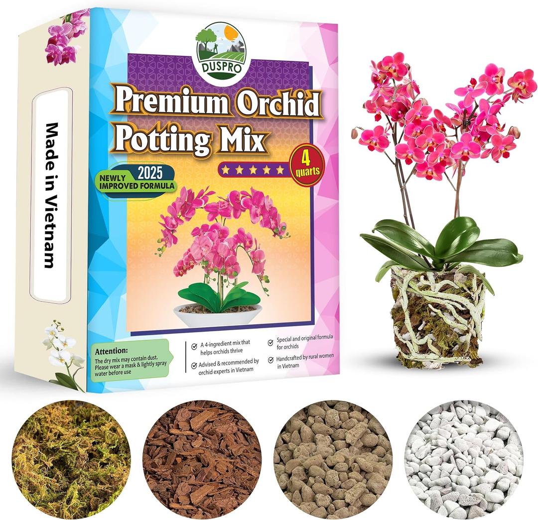 [Upgraded] DUSPRO Orchid Potting Mix for Repotting with Forest Moss, Pine Bark, Perlite & Pumice, Orchid Bark Potting Mix,Orchid Repotting Soil, Drainage Indoor Potting, Orchid Pot Not Included, 4 QT