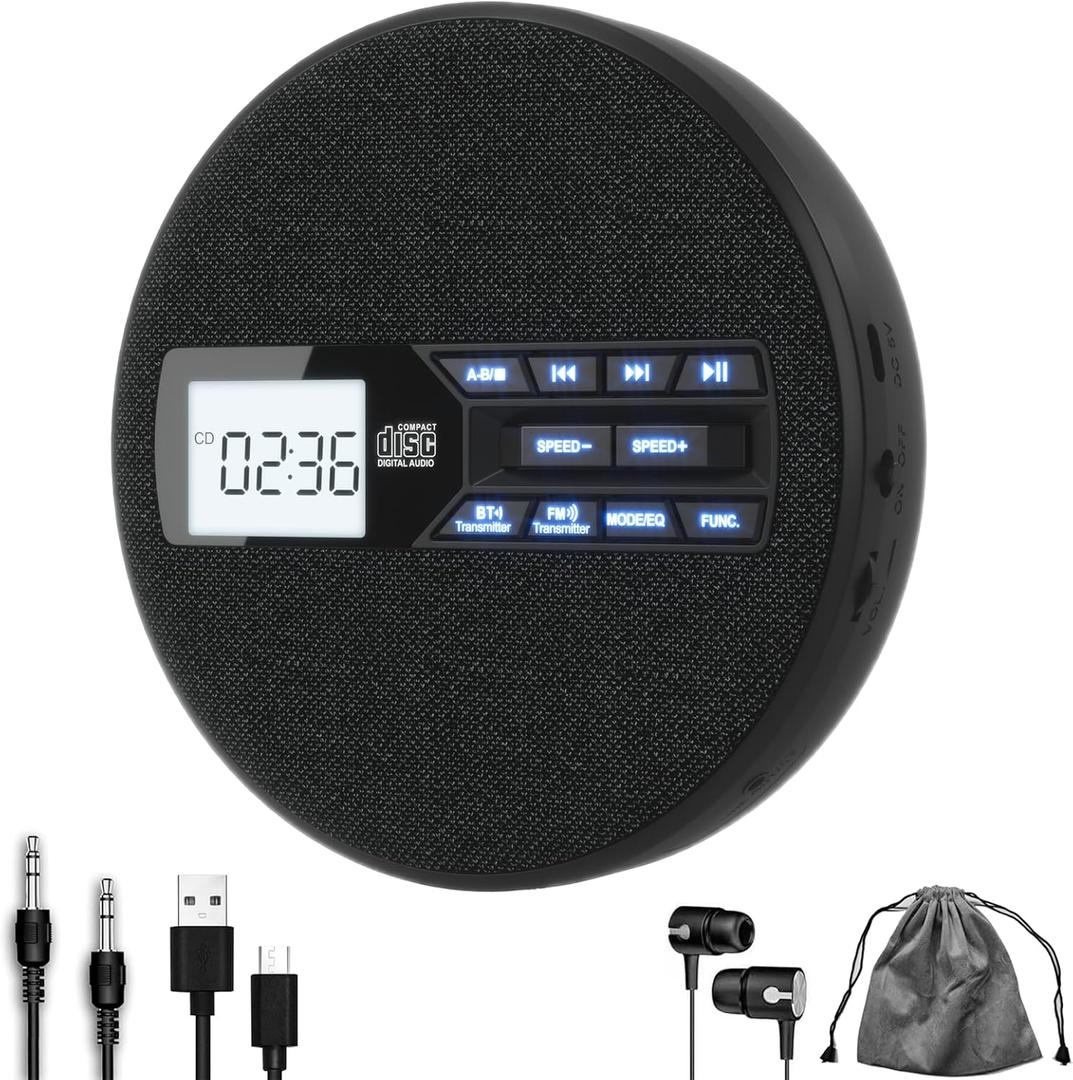 CD Player Portable, Rechargeable Portable CD Player with Dual Speakers and Anti Skip,CD,Dual Bluetooth,FM Transmission,USB,AUX,LCD Display,Backlit Button,Repeat,10 Speeds,Fabric Black