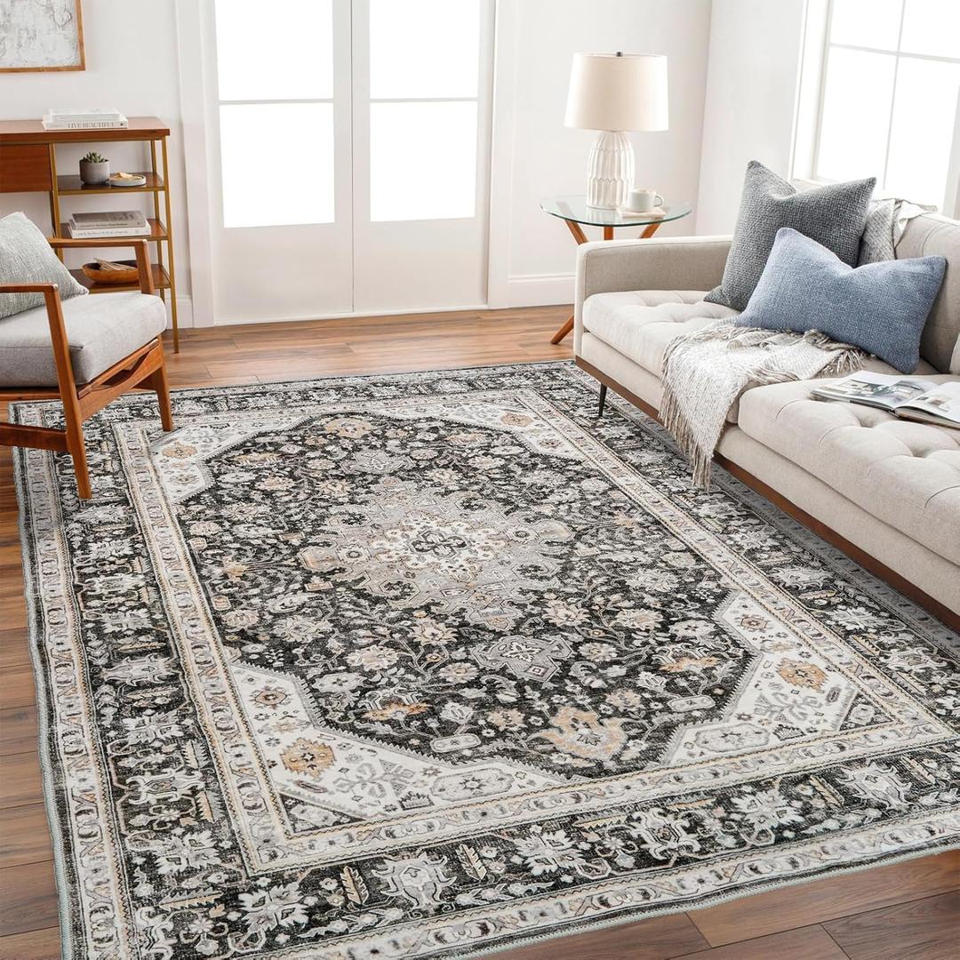 Washable Area Rug - 6x9 Bedroom Living Room Large Indoor Rugs Soft Oriental Vintage Rugs Non-Slip Backing Stain Resistant for Farmhouse Kitchen (6x9 Black/Ivory) (6' x 9')