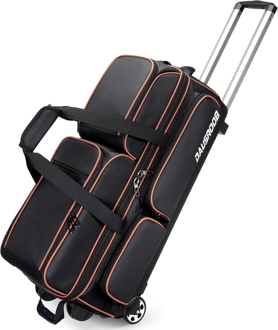 3 Ball Bowling Bags with Wheels, Bowling Bags 3 Ball Roller - 900D Oxford Waterproof PU, Bowling Bag with Multi-Separate Storage Pockets & Retractable Handle Extends to 40'' (Black)