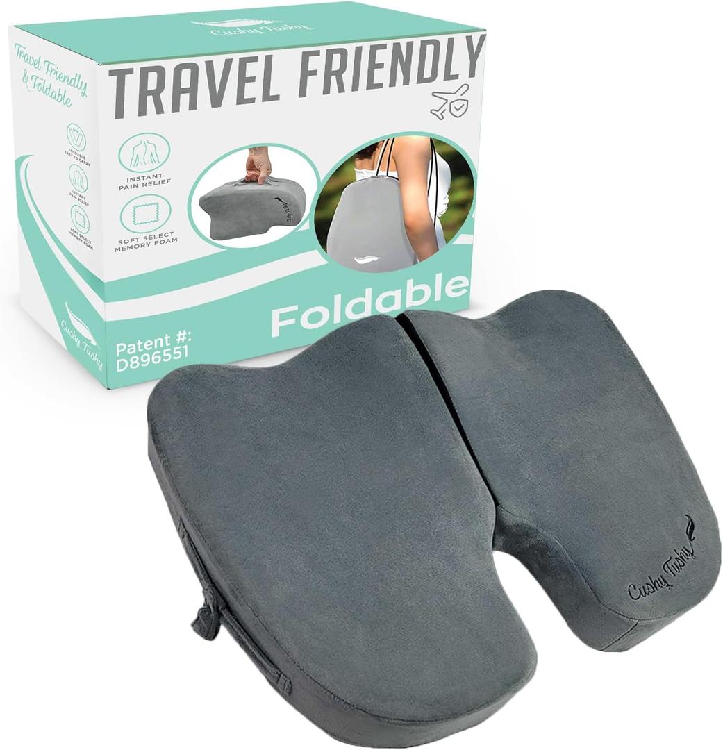 Premium Foldable Travel Seat Cushion - for Relief of Lower Back, Sciatic, Butt and Tailbone Pain - for Home & Office Use, Perfect for Travel or Driving - Coccyx Seat Cushion (Regular, Gray)