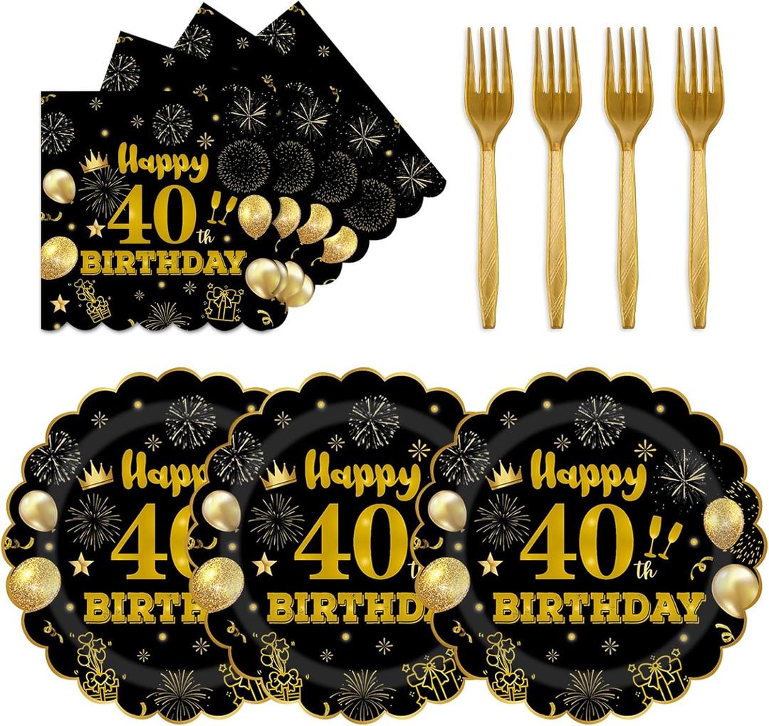 75 PCS 40th Birthday Party Supplies Paper Plates and Napkins,Black and Gold 40th Birthday Plates Napkins Tableware Set for Boys Girls Tableware Set Decorations