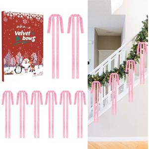 8Pcs Large Long Velvet Bows for Christmas Tree - Big 15.723.6 Inch Vintage Ribbon Bows, Xmas Tree Ornaments for Garland, Wreath, Fireplace, Door & Gift Wrapping, Holiday Home Decor Bows (Red) (Pink)
