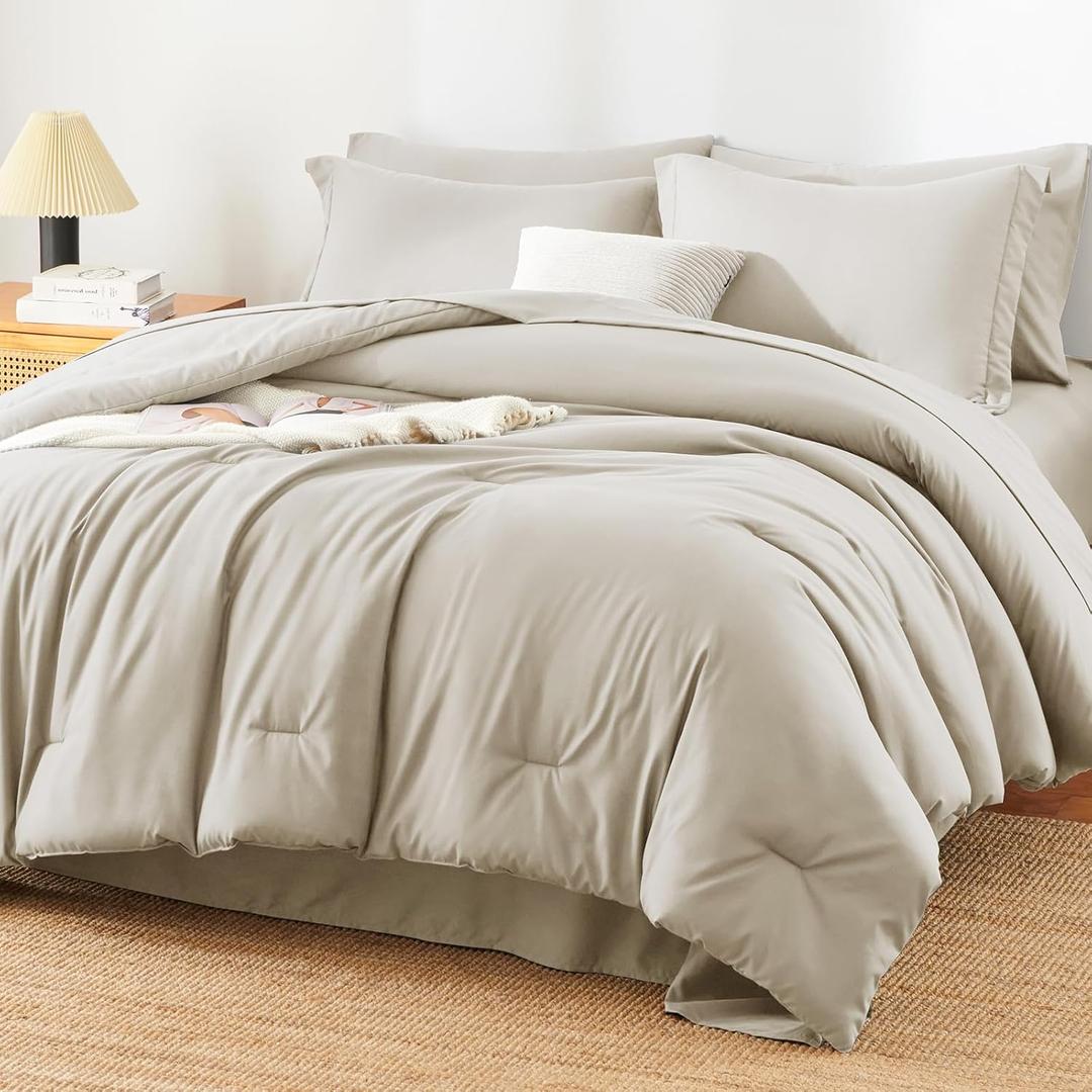 Queen Comforter Set - 7 Pieces Bed in a Bag Queen Size, Luxury Comforter Set with Sheets for All Season, Bed Set with Comforter, Flat Sheet, Fitted Sheet, Pillowcases & Shams, Beige