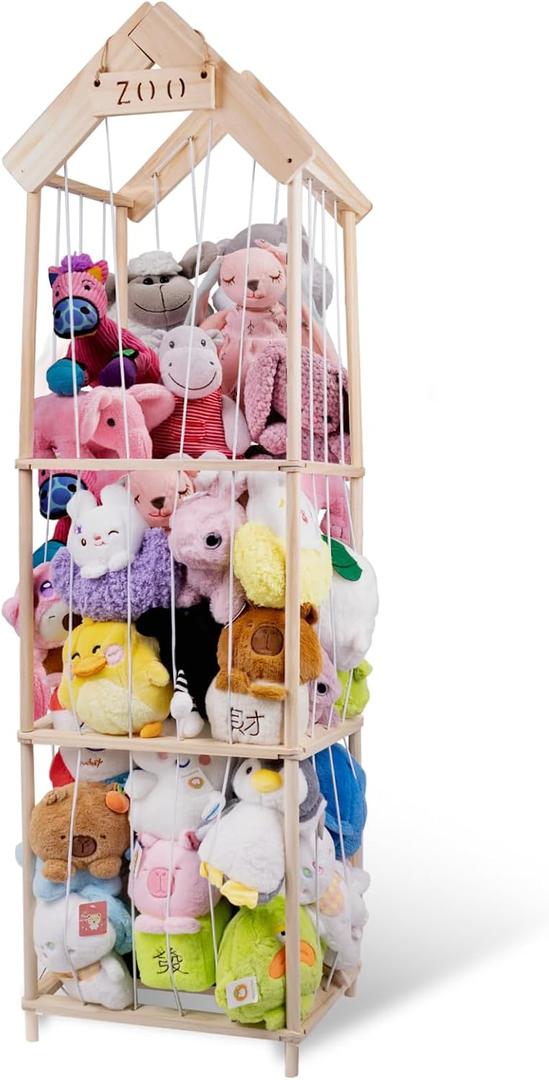 WodGod Stuffed Animal Zoo Storage,Wooden Stuffed Animal Holder,Space Save Stuffed Animal Display,Extra Large Capacity Wooden Plushies Organizer with Elastic Band