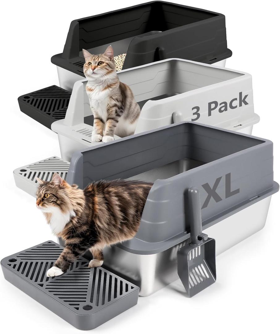 3 Pack Stainless Steel Litter Box, XL 22.9 x 15 x 10.3 High Sided Metal Cat Litter Tray with Scoop, Filter Pedal for Anti-Splash, Non-Sticky, Easy to Clean (Dark Grey&Light Grey&Black)