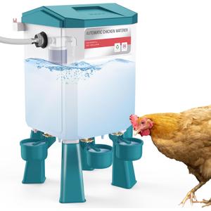 Automatic Chicken Waterer, Float-Controlled Chicken Water Feeder with 4 Water Cups, 158.4-Inch Hose with 3/4'' and 1/2'' Ends, Large Poultry Waterer for Chick Quail Duck Turkey (2 Gallons, Blue)