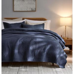 palassio Striped Navy Blue 100% Cotton Quilt King Size Bedding Sets, Lightweight Crinkly Channel Pick Stitch Textured Bedspread Soft Shabby Chic Farmhouse Country Coverlet for All Season, 2 Shams