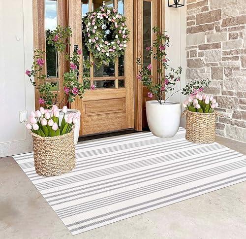 BUAGETUP Grey and White Outdoor Rug 3'x 5' Hand-Woven Cotton Washable Rug Striped Front Porch Rug Indoor/Outdoor Area Rug Floor Mat for Farmhouse/Layered Door Mats/Living Room
