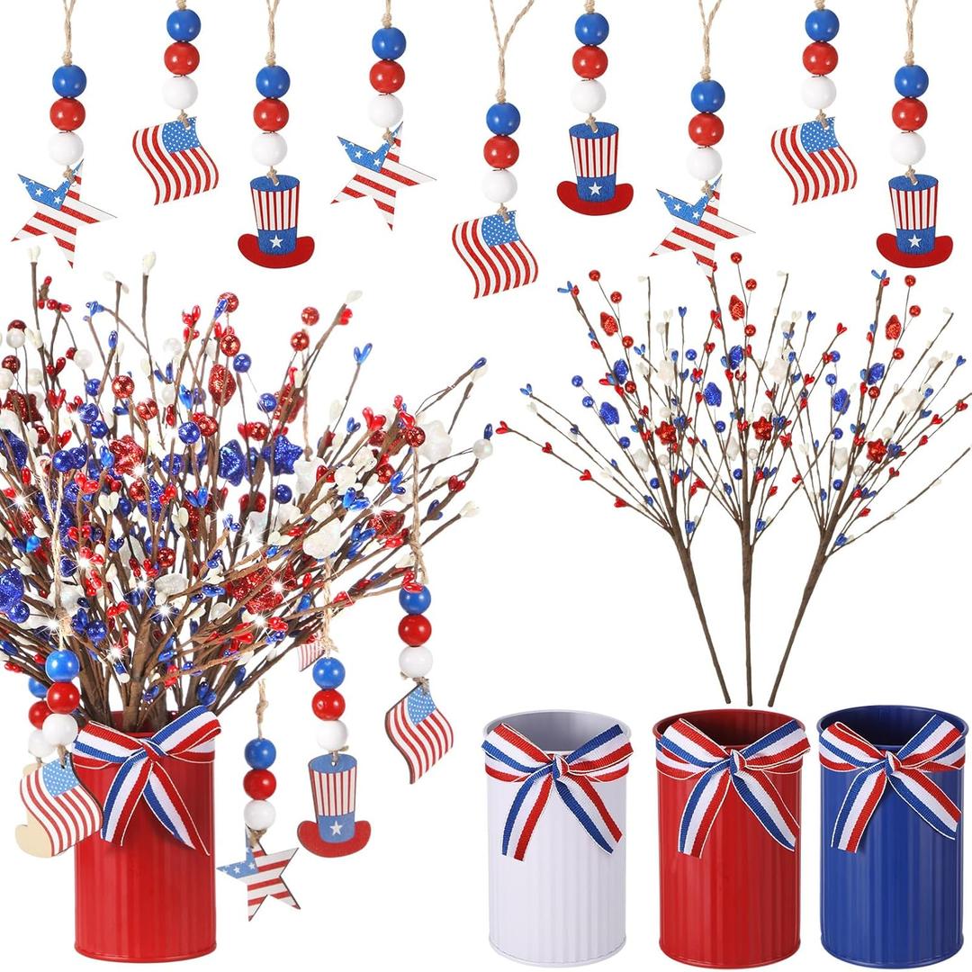 21 Pcs Patriotic Artificial Berry Stem Picks with White Blue Red Stars Vase for 4th of July Independence Day Pentagram Faux Berry Branches Decoration for Home Office Restaurant Vase Dcor
