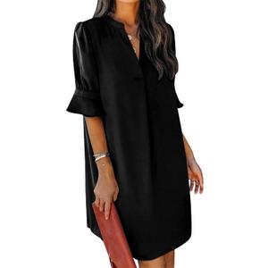 KISSMODA Summer Dresses for Women 2026 V Neck Ruffle Short Sleeve Casual Boho Shift Dress (Black, M)