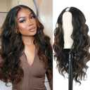 KRSI Highlights Brown V Part Wig Upgrade U Part Wigs Clip in Synthetic Hair Replacement Wig Long Curly Wavy V Part Half Wigs for Black Women (Body Wave-#1B/30/350)