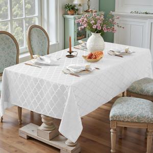 Larponder Summer Tablecloth Rectangle, Jacquard Polyester Table Cloth, Washable & Spill Proof Table Cover for Spring Kitchen Dining Party Picnic (Square, 52" x 52", White)