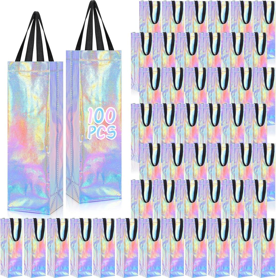 Windyun 100 Pcs Wine Gift Bags with Handle Reusable Small 13.8x3.5x3.9 Inches Liquor Bottle Totes Bulk for Birthday Wedding Christmas Holiday Party (Iridescent)