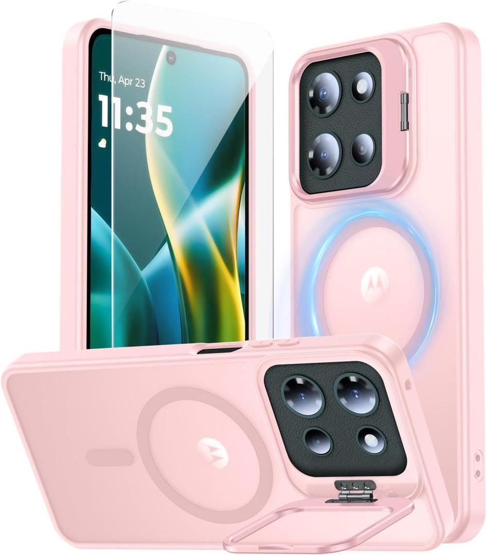 for Motorola Moto G 2025 Case, Fits MagSafe, with Built-in Camera Ring Stand & Sceen Protector, Slim Translucent Matte Military-Grade Drop Protection Magnetic Cover, Pink