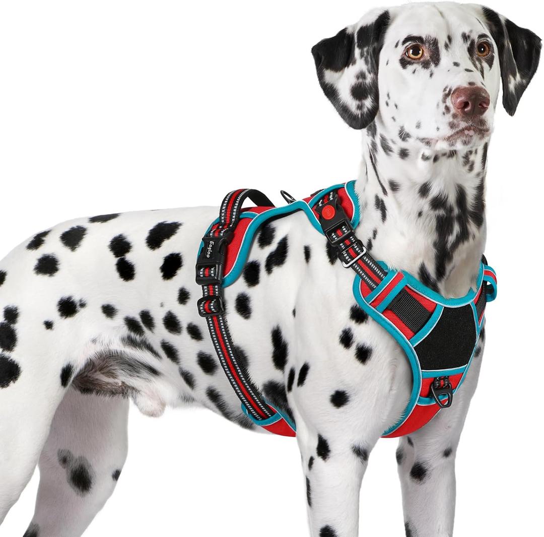 Eagloo Dog Harness for Large Dogs, Easy Wearing with 3 Buckles, Adjustable No Pull Pet Harness with 2 Rings for Walking, No Chock Reflective Soft Padded Vest with Control Handle, Red & Teal, XL (X-Large)