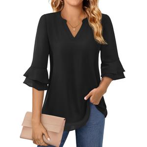 3/4 Sleeve Blouses for Women Dressy Casual V Neck Business Casual Tops for Women Fall Fashion 2025 Chiffon Blouses Work Professional Office Shirts Interview Tunic Teacher Clothing Flattering Large (L)