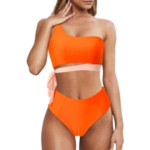 MOOSLOVER Women One Shoulder High Waisted Bikini Tie High Cut Two Piece Swimsuits (X-Large, Orange-17)