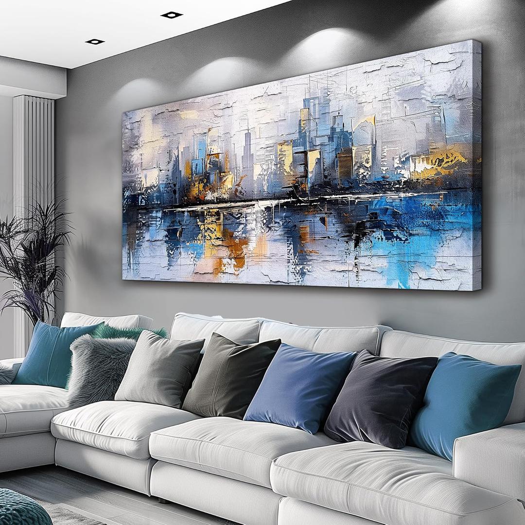 KELIYUAN Large Wall Decor Canvas Painting Wall Art For Living Room Decor Abstract Blue yellow City Landscape Picture Office Room Wall Decoration Artwork For Bedroom Print For Home Decor 24x48 In